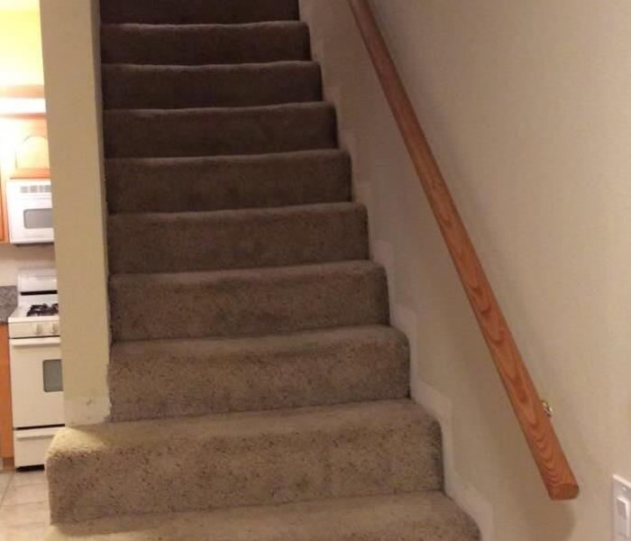 Staircase with beige carpet and wood handrail 